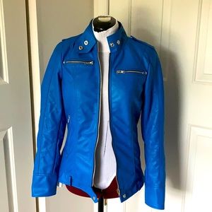 Blue Faux Leather Zip Up Moto Jacket